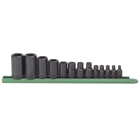A comprehensive product photograph of the GEARWRENCH 13-piece external Torx socket set mounted on its green storage rail, including sizes from E4 through E24 for professional mechanical use.