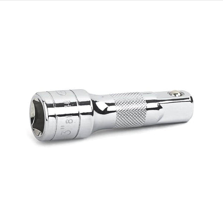 A 1/2 inch drive socket extension bar featuring a chamfered female end and knurled grip for secure handling and fast drive tool engagement.