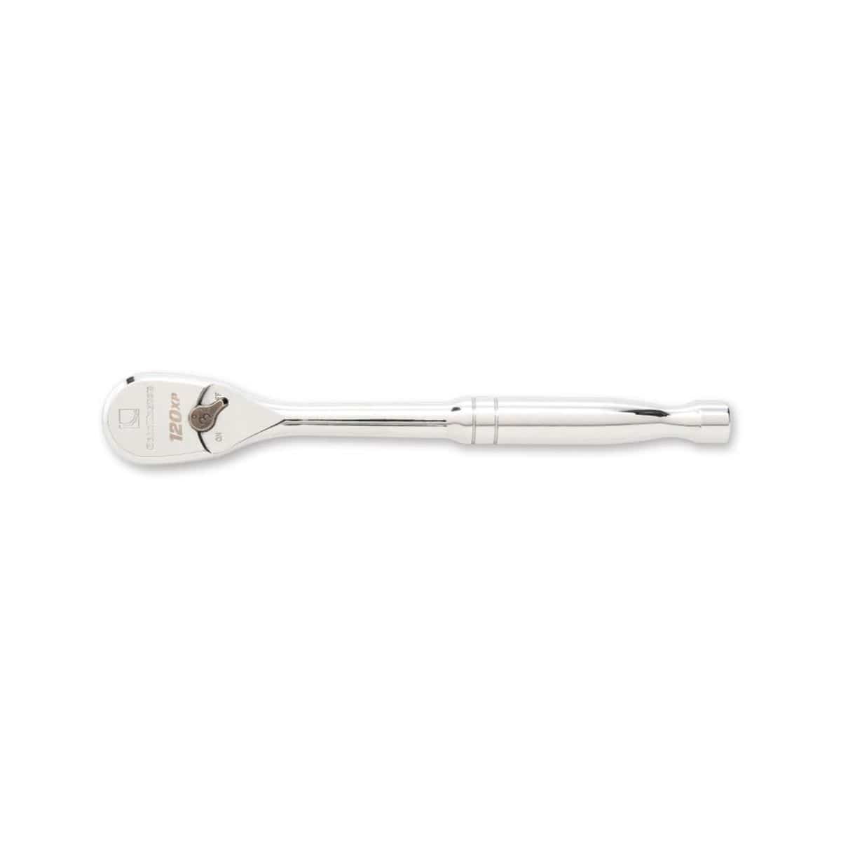 A GEARWRENCH 120XP 1/2 inch drive teardrop ratchet with a low profile head and professional full polish chrome finish for superior strength and productivity.