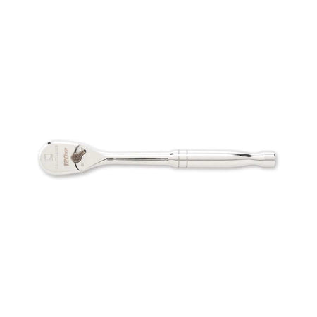 A GEARWRENCH 120XP 1/2 inch drive teardrop ratchet with a low profile head and professional full polish chrome finish for superior strength and productivity.