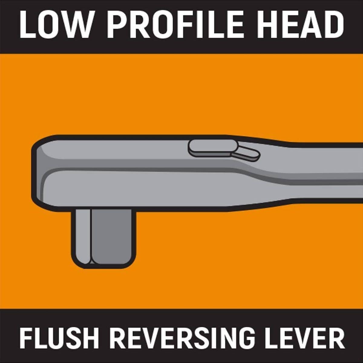 An illustration of the GEARWRENCH low profile head and flush-mounted reversing lever, showcasing the ergonomic design for better access in cramped work areas.