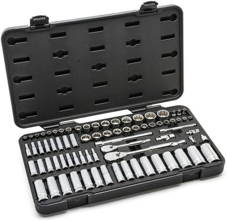 A comprehensive view of the GEARWRENCH 80948 76-piece mechanics tool set organized in a black blow-mold case, featuring a variety of 1/4 inch and 3/8 inch drive 12-point standard and deep sockets alongside two 90-tooth ratchets and various extensions.