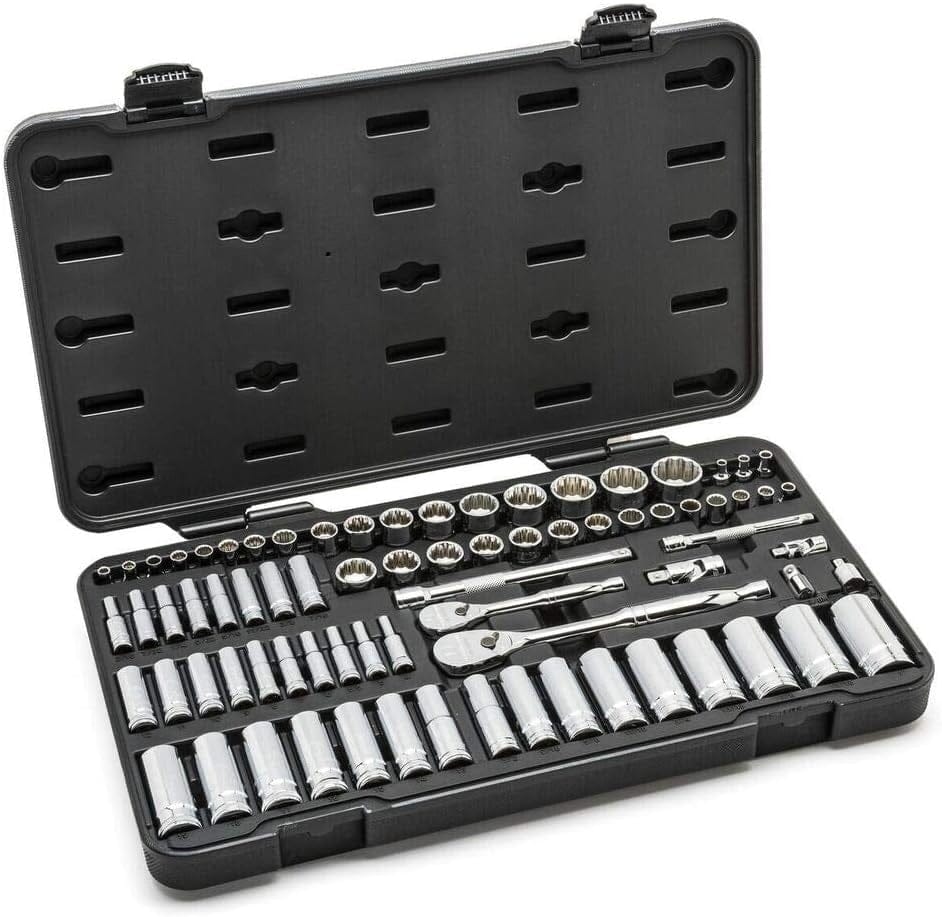 A comprehensive view of the GEARWRENCH 80948 76-piece mechanics tool set organized in a black blow-mold case, featuring a variety of 1/4 inch and 3/8 inch drive 12-point standard and deep sockets alongside two 90-tooth ratchets and various extensions.