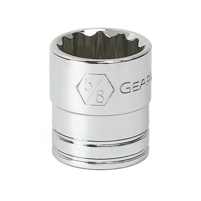 A perspective view of a GEARWRENCH 5/8 inch 12-point standard SAE socket highlighting the off-corner loading design that reduces fastener rounding and the etched brand logo.
