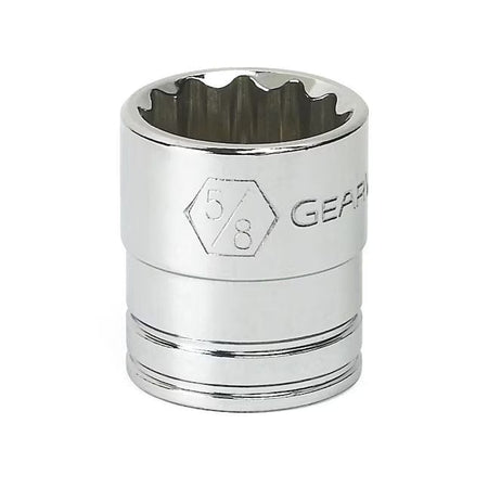 A perspective view of a GEARWRENCH 5/8 inch 12-point standard SAE socket highlighting the off-corner loading design that reduces fastener rounding and the etched brand logo.