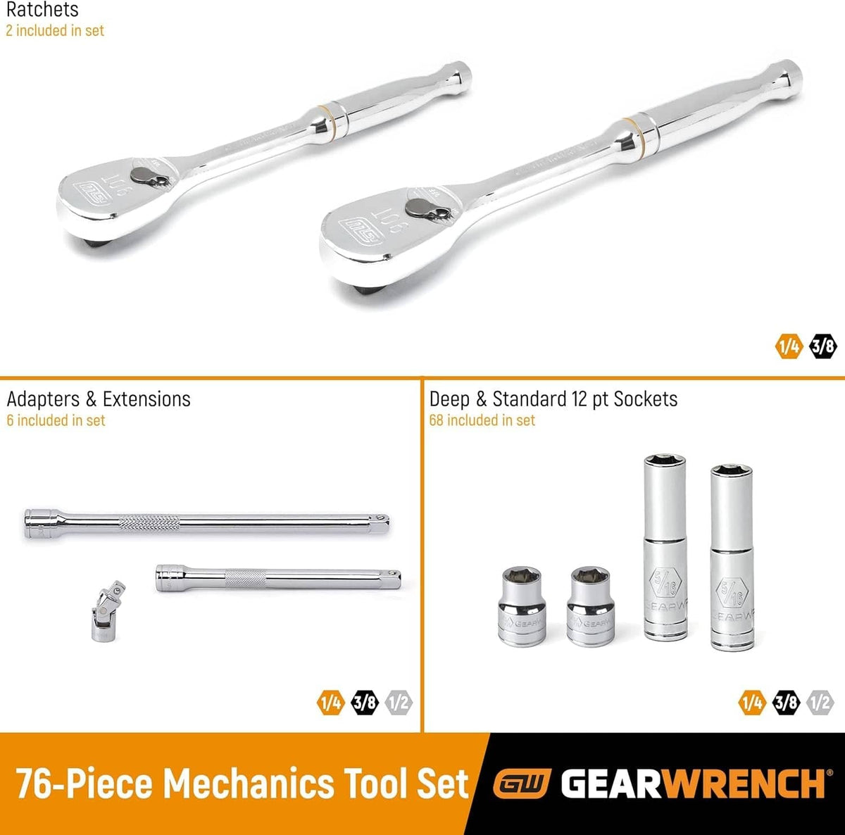 An informational graphic for the GEARWRENCH 76-piece mechanics tool set showcasing the two 90-tooth ratchets, 6 included adapters and extensions, and a sampling of the 68 deep and standard 12-point sockets in the set.