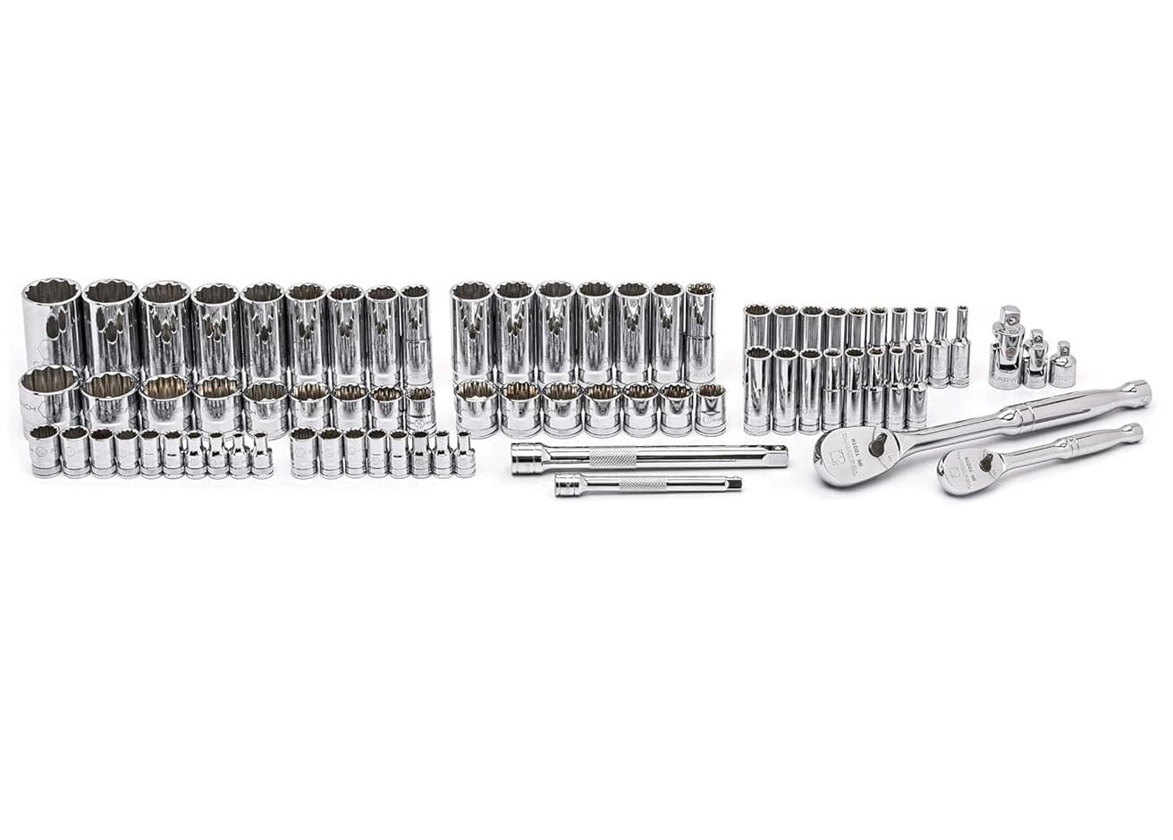 A studio shot displaying the full contents of the GEARWRENCH 80948 set laid out on a white surface, including 1/4 inch and 3/8 inch drive full polish chrome ratchets, extensions, and a complete range of SAE and metric 12-point sockets.