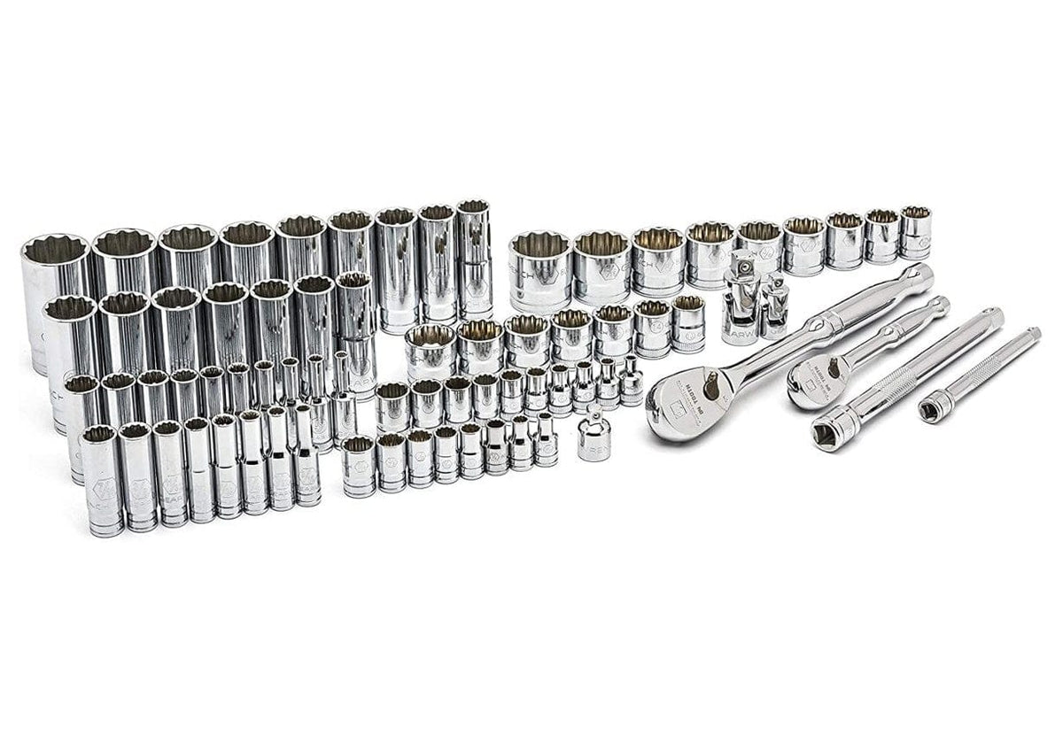 An angled perspective of the GEARWRENCH 76-piece mechanics tool set contents highlighting the high-visibility hard-stamped markings on the sockets and the teardrop head design of the 90-tooth professional ratchets.