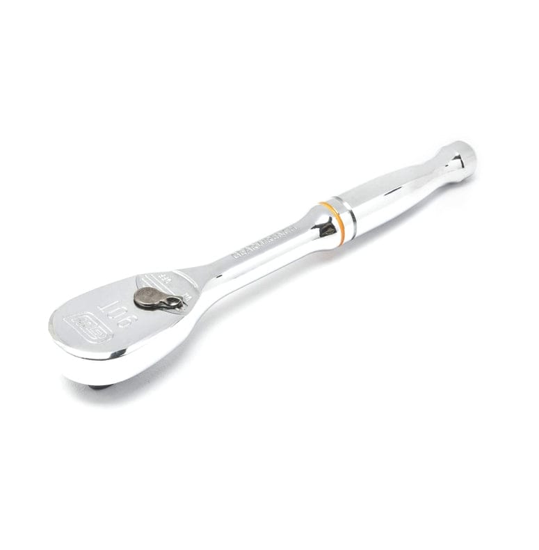 A close-up view of a GEARWRENCH 90-tooth professional teardrop ratchet featuring a full polish chrome finish, an ergonomic handle, and a low-profile head for maximum access in tight workspaces.