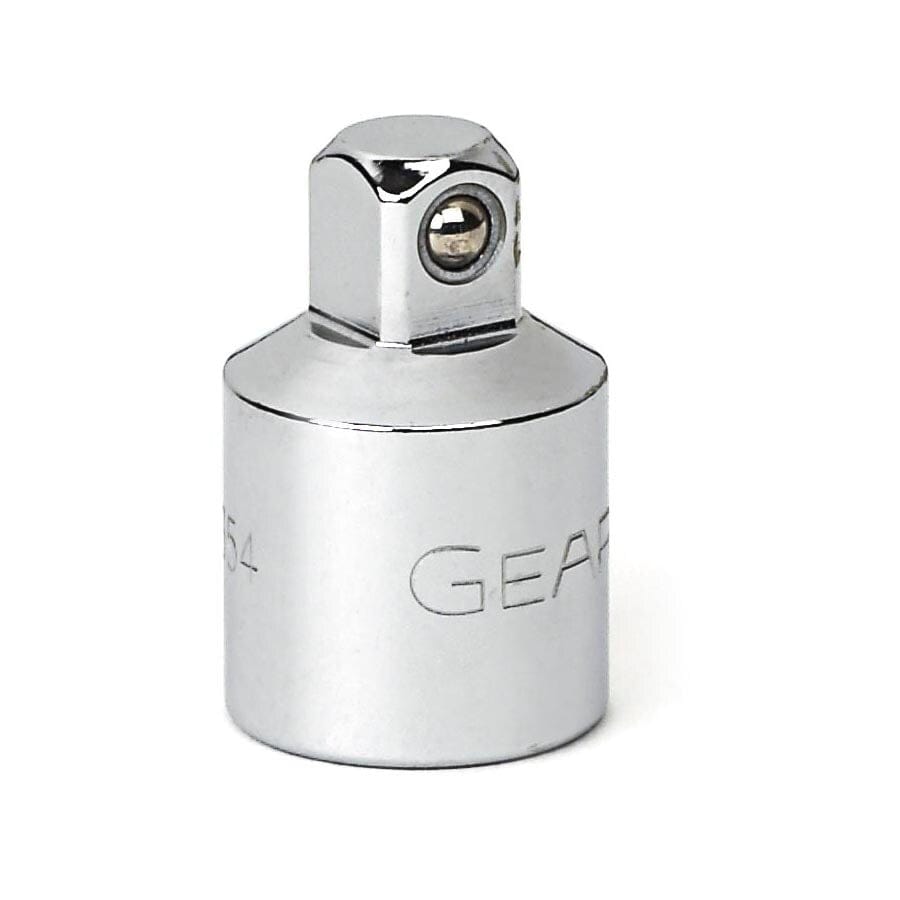 A close-up of a GEARWRENCH full polish chrome socket adapter, showing the premium alloy steel construction and the secure ball-detent design for holding sockets firmly in place.