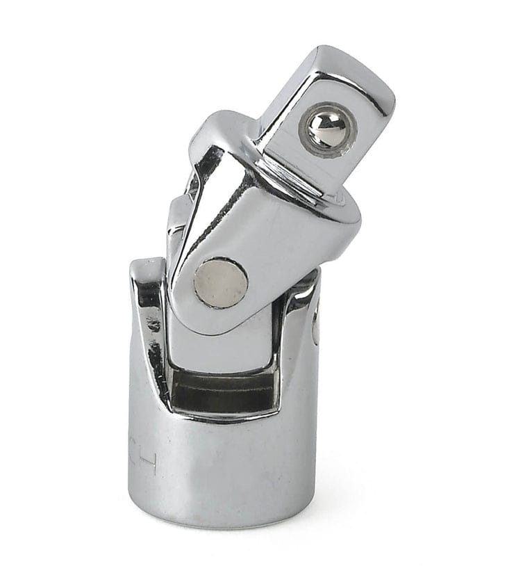 A detailed view of a GEARWRENCH universal joint socket accessory, featuring a smooth-tilting chrome finish designed to provide increased access to fasteners at difficult angles.