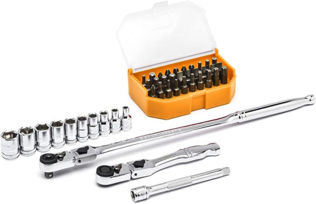 A comprehensive product kit shot of the GEARWRENCH 81031 set, including the 12-inch and 6-inch slim head flex ratchets, a 4-inch extension, ten 6-point metric sockets, and a variety of Phillips, slotted, hex, and Torx bits in a protective storage case.