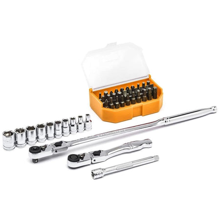A comprehensive product kit shot of the GEARWRENCH 81031 set, including the 12-inch and 6-inch slim head flex ratchets, a 4-inch extension, ten 6-point metric sockets, and a variety of Phillips, slotted, hex, and Torx bits in a protective storage case.
