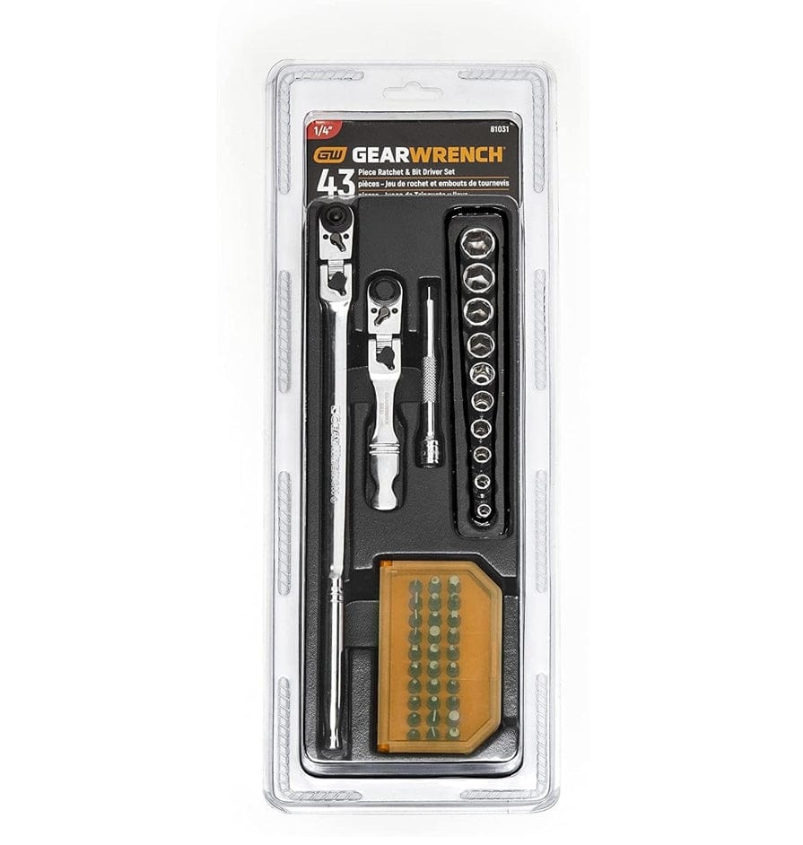 A top-down view of the GEARWRENCH 81031 43-piece mechanics tool set in its professional retail blister pack, containing the long and stubby ratchets, ten metric sockets, an extension, and an organized 30-piece S2 steel screwdriver bit box.