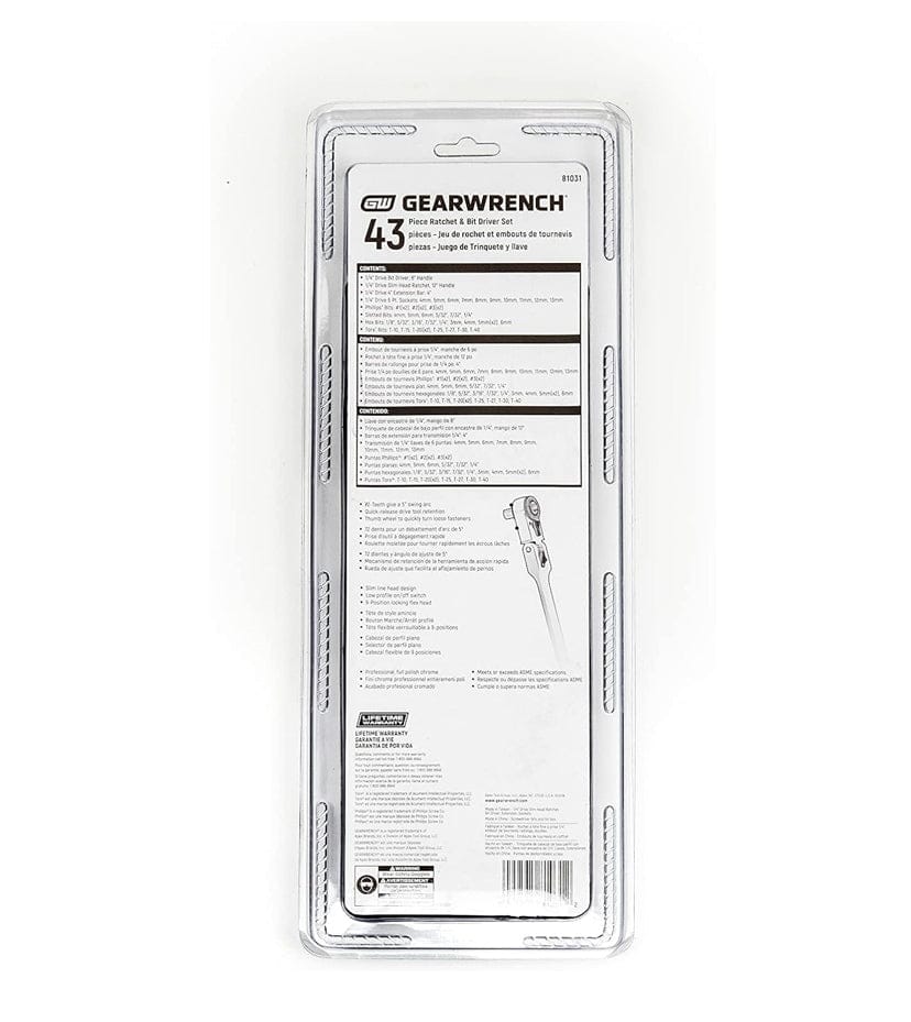 A detailed view of the back of the GEARWRENCH 81031 retail packaging, listing the full contents of the 43-piece set and highlighting professional features like the 5-degree swing arc and limited lifetime warranty.