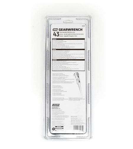 A detailed view of the back of the GEARWRENCH 81031 retail packaging, listing the full contents of the 43-piece set and highlighting professional features like the 5-degree swing arc and limited lifetime warranty.