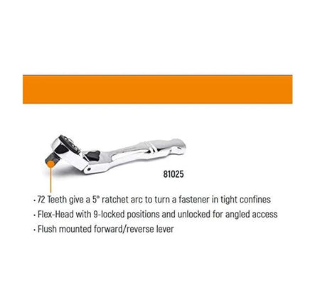 A professional product graphic of the GEARWRENCH 1/4-inch drive stubby slim head ratchet featuring a 72-tooth gear with a 5-degree swing arc, a 9-position locking flex-head, and a flush-mounted forward-reverse lever for maximum access in tight spaces.