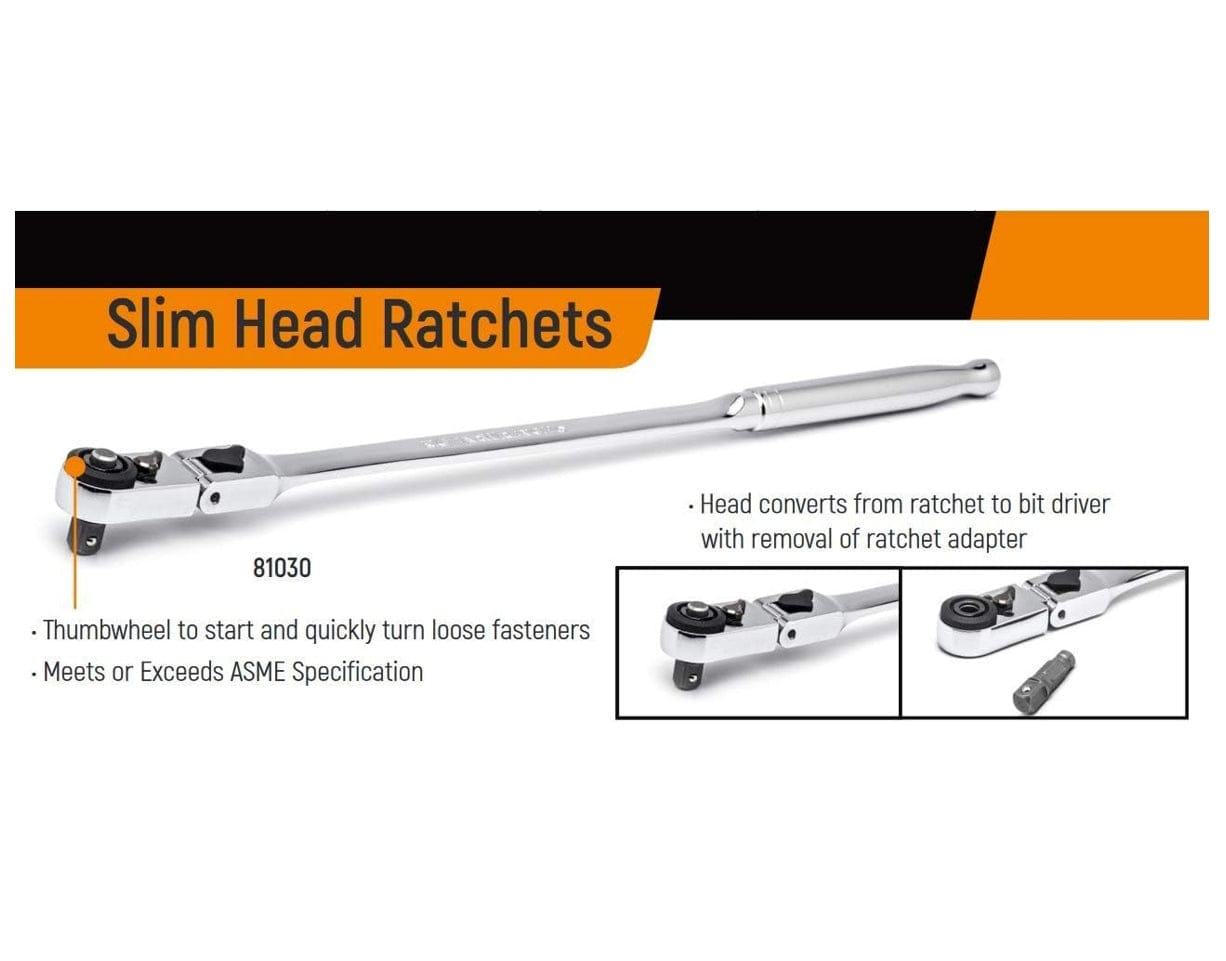 An informational graphic displaying the GEARWRENCH long slim head ratchet, showcasing its ability to convert from a standard 1/4-inch drive ratchet to a high-torque bit driver by removing the ratchet adapter.