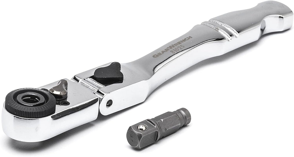 A perspective studio shot of the GEARWRENCH 6-inch stubby slim head ratchet and its removable 1/4-inch drive adapter, highlighting the full-polish chrome finish and the knurled thumbwheel for quickly turning loose fasteners.