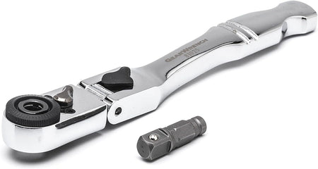 A perspective studio shot of the GEARWRENCH 6-inch stubby slim head ratchet and its removable 1/4-inch drive adapter, highlighting the full-polish chrome finish and the knurled thumbwheel for quickly turning loose fasteners.