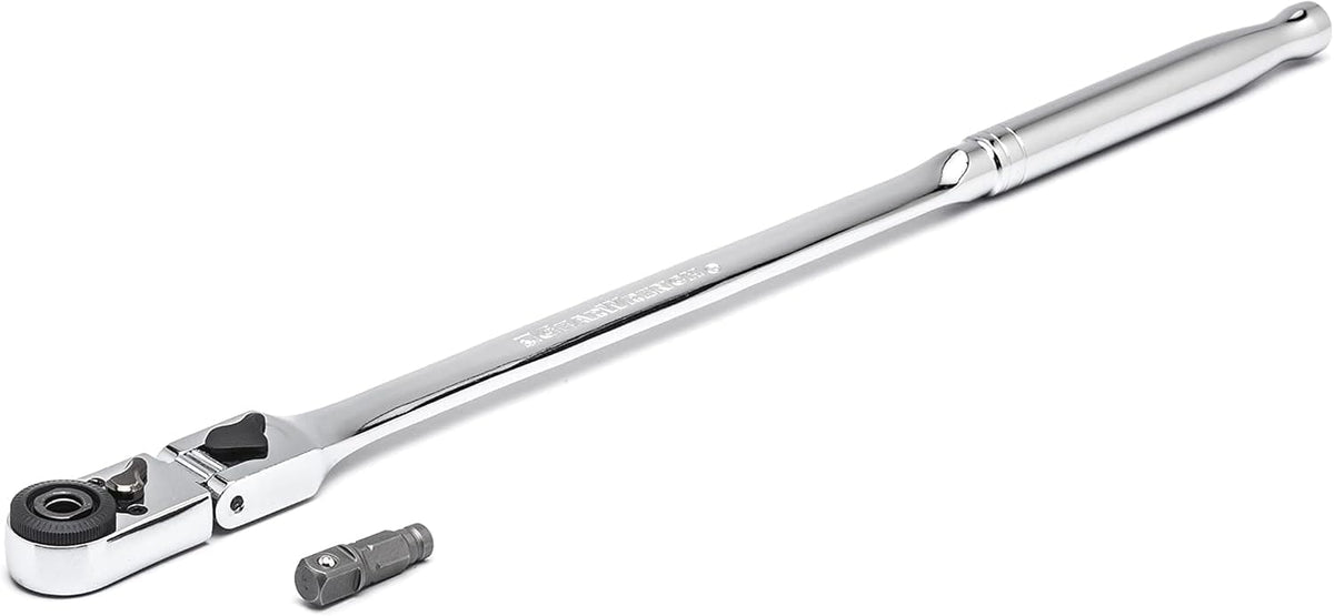 A horizontal view of the GEARWRENCH 12-inch long-reach slim head flex ratchet with its removable drive adapter, engineered to provide professional leverage and precision in recessed engine compartments.