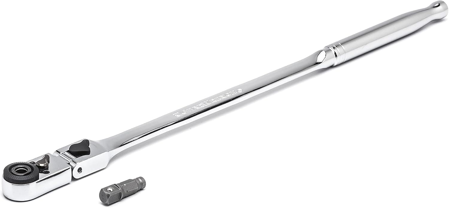 A horizontal view of the GEARWRENCH 12-inch long-reach slim head flex ratchet with its removable drive adapter, engineered to provide professional leverage and precision in recessed engine compartments.