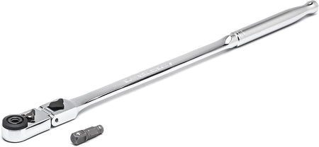 A horizontal view of the GEARWRENCH 12-inch long-reach slim head flex ratchet with its removable drive adapter, engineered to provide professional leverage and precision in recessed engine compartments.