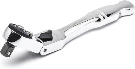 A detailed side profile of the 1/4-inch drive stubby slim head mechanics ratchet, emphasizing the narrow locking flex-head and the contoured handle design for improved grip and control during high-torque applications.