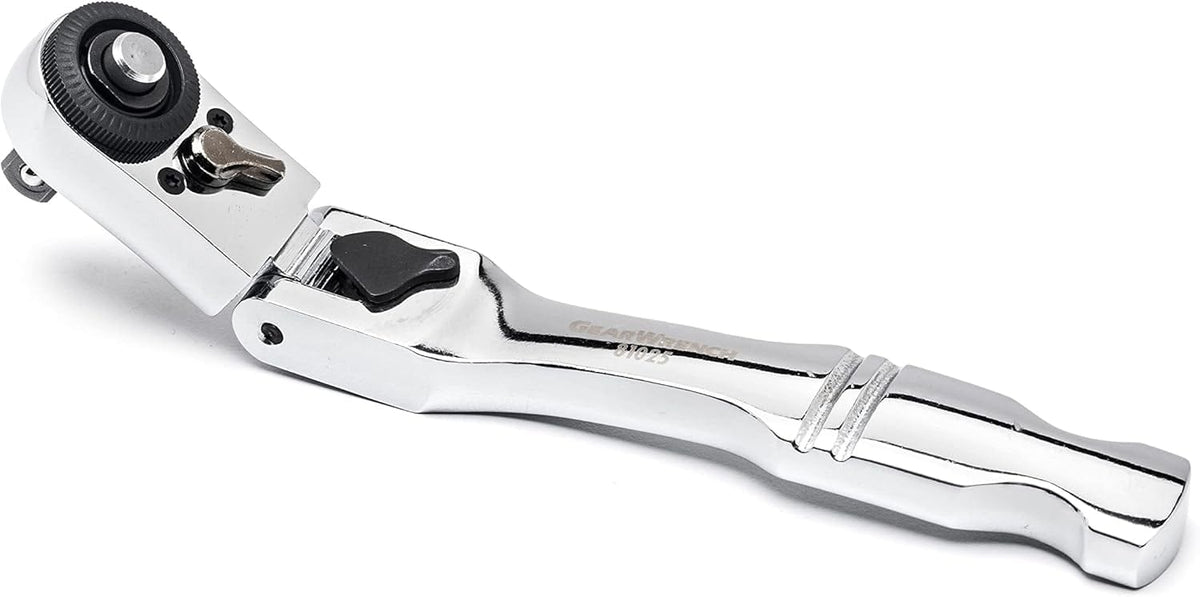 A top-down detailed shot of the GEARWRENCH slim head ratchet's gear housing, showcasing the locking lever and the 72-tooth mechanism designed for smooth operation in narrow gaps.