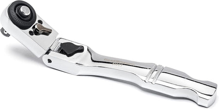 A top-down detailed shot of the GEARWRENCH slim head ratchet's gear housing, showcasing the locking lever and the 72-tooth mechanism designed for smooth operation in narrow gaps.