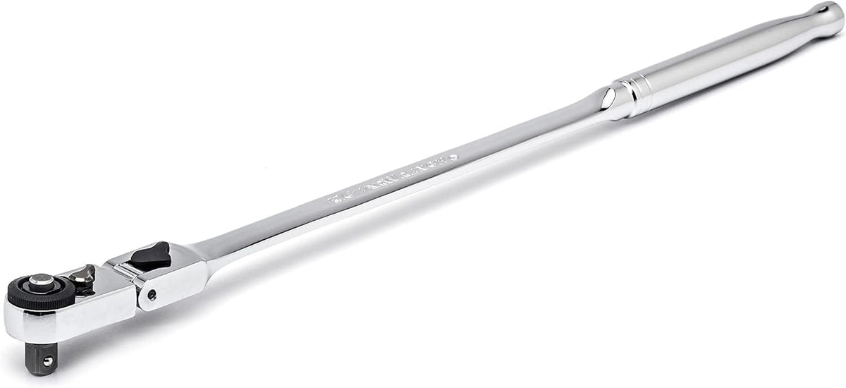A side-angle perspective of the GEARWRENCH 12-inch long slim head mechanics ratchet, highlighting the high-grade alloy steel construction and sleek profile required for specialized industrial and automotive work.