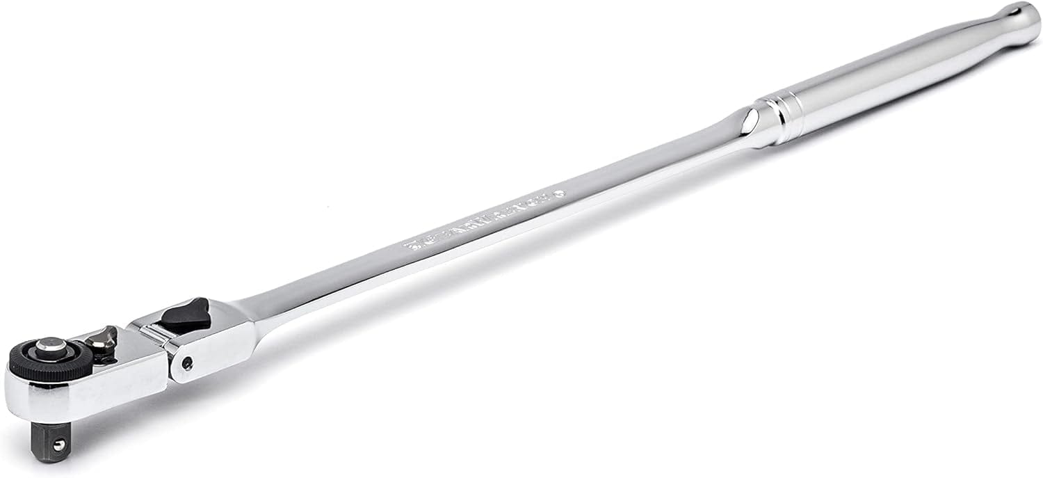 A side-angle perspective of the GEARWRENCH 12-inch long slim head mechanics ratchet, highlighting the high-grade alloy steel construction and sleek profile required for specialized industrial and automotive work.