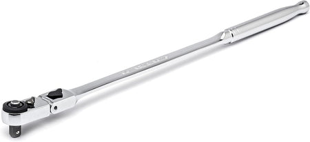 A side-angle perspective of the GEARWRENCH 12-inch long slim head mechanics ratchet, highlighting the high-grade alloy steel construction and sleek profile required for specialized industrial and automotive work.