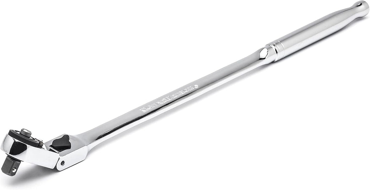 A professional studio photograph of the GEARWRENCH 12-inch locking flex slim head ratchet, demonstrating the tool's extended reach and slim line head design for accessing hard-to-reach fasteners.