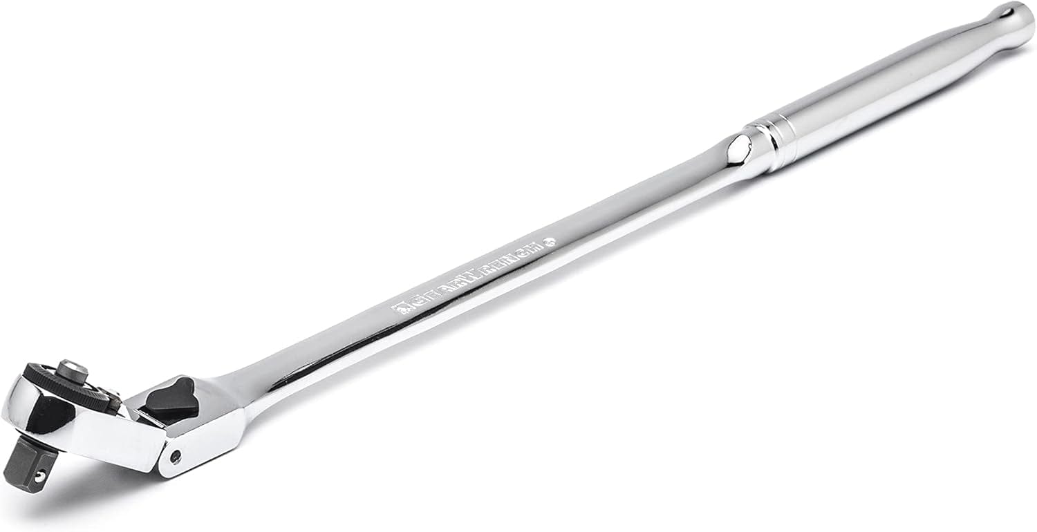 A professional studio photograph of the GEARWRENCH 12-inch locking flex slim head ratchet, demonstrating the tool's extended reach and slim line head design for accessing hard-to-reach fasteners.