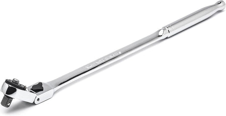 A professional studio photograph of the GEARWRENCH 12-inch locking flex slim head ratchet, demonstrating the tool's extended reach and slim line head design for accessing hard-to-reach fasteners.