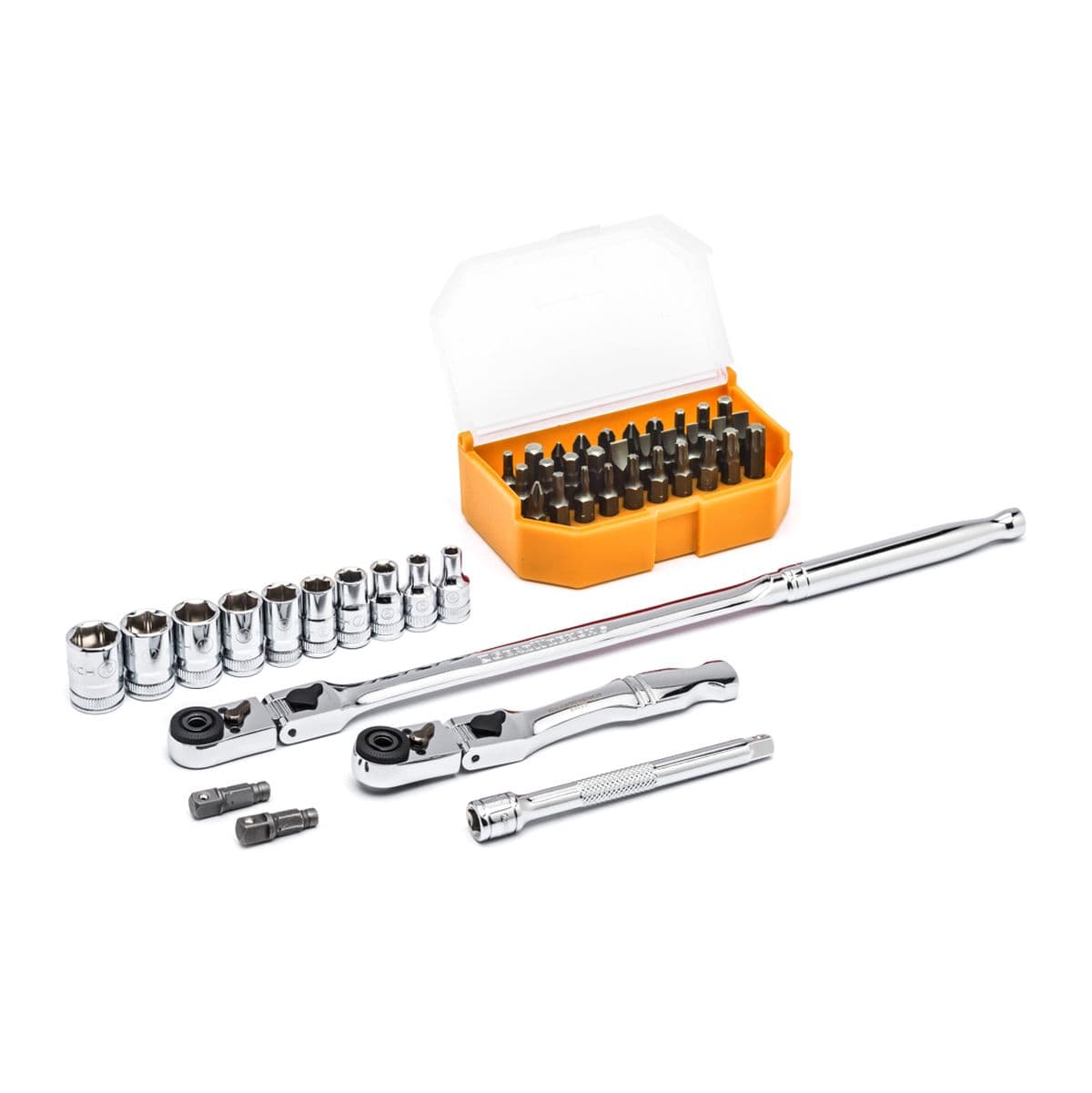 The 45-piece GEARWRENCH 81032 tool set is laid out on a white surface, displaying 10 metric sockets, 12-inch and 6-inch slim head flex ratchets, a 4-inch extension bar, two drive adapters, and an orange case containing 30 assorted screwdriver bits.