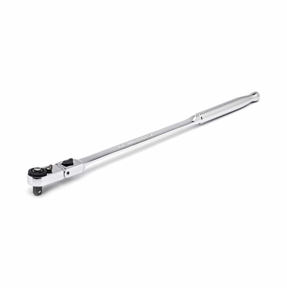 A full-length profile shot of the GEARWRENCH 12-inch long handle 1/4 inch drive slim head ratchet with a locking flex-head design and a bright, full-polish chrome finish for superior access to deep fasteners.