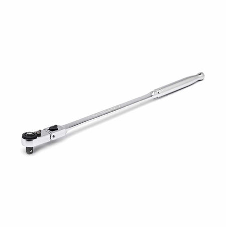 A full-length profile shot of the GEARWRENCH 12-inch long handle 1/4 inch drive slim head ratchet with a locking flex-head design and a bright, full-polish chrome finish for superior access to deep fasteners.