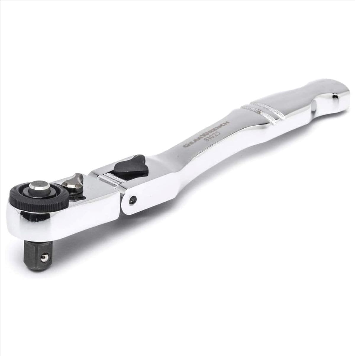 A close-up view of the GEARWRENCH 6-inch stubby locking flex-head ratchet, highlighting the slim head design, flush-mounted forward and reverse lever, and the contoured handle for an ergonomic grip.