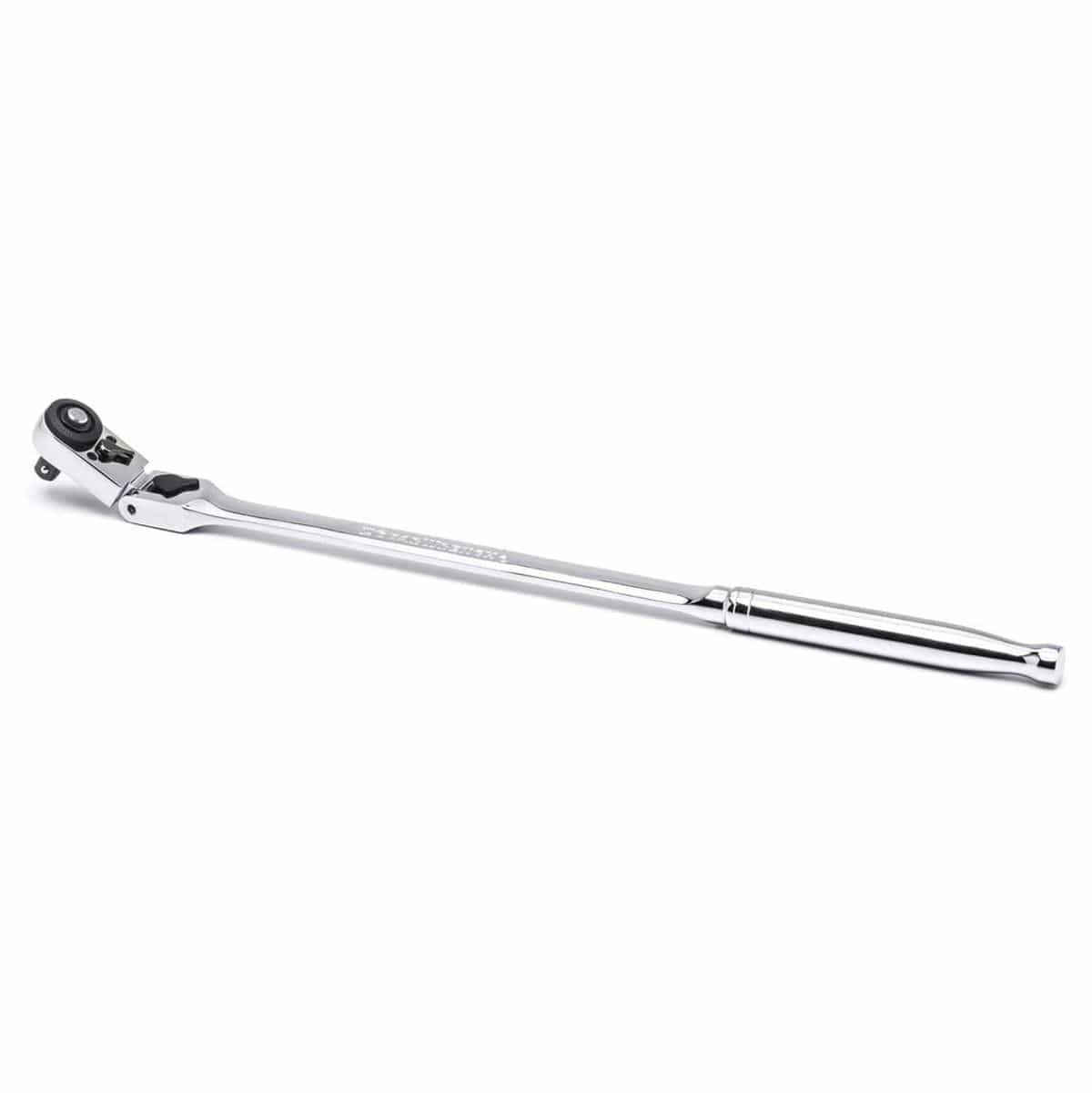 The GEARWRENCH 12-inch long-handle ratchet is shown with its slim locking flex-head tilted at an angle, demonstrating the tool's 9-position flexibility for navigating around obstructions in cramped mechanical spaces.