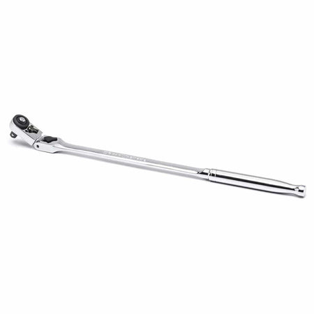 The GEARWRENCH 12-inch long-handle ratchet is shown with its slim locking flex-head tilted at an angle, demonstrating the tool's 9-position flexibility for navigating around obstructions in cramped mechanical spaces.
