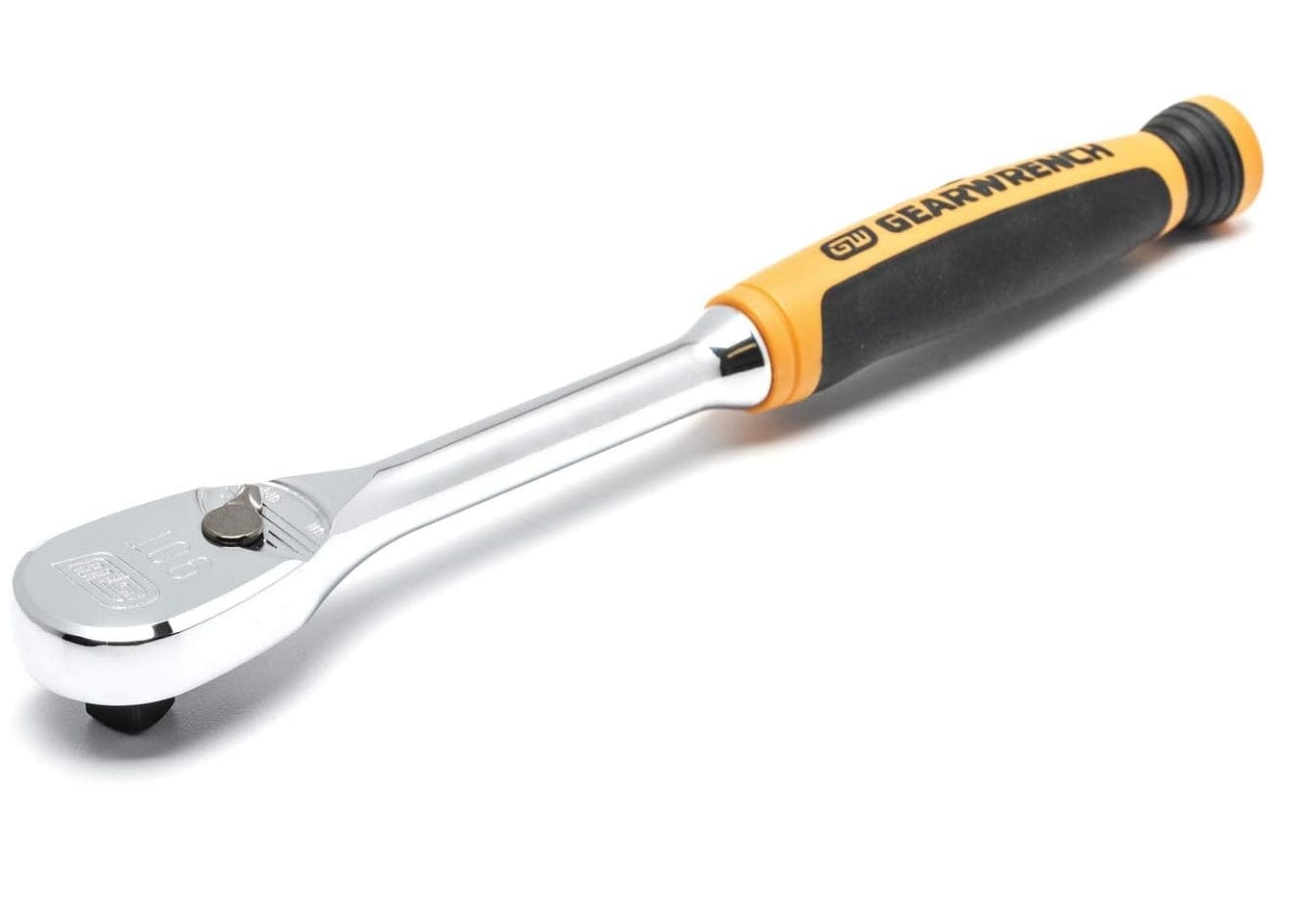 A perspective studio shot of the GEARWRENCH 81208T 3/8 inch drive 90-tooth ratchet featuring a mirror-like full polish chrome finish and an ergonomic dual-material cushion grip handle in molten orange and black.