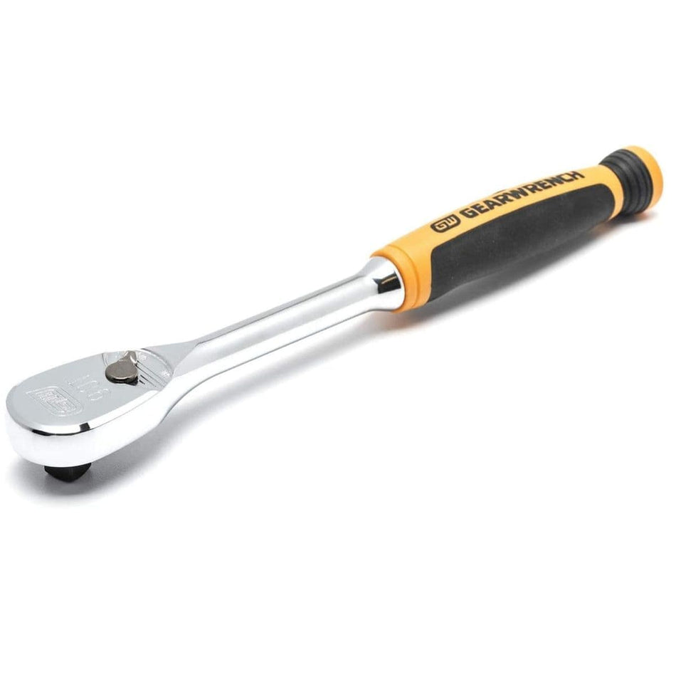 A perspective studio shot of the GEARWRENCH 81208T 3/8 inch drive 90-tooth ratchet featuring a mirror-like full polish chrome finish and an ergonomic dual-material cushion grip handle in molten orange and black.
