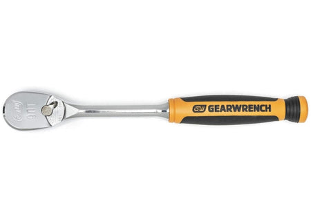 A top-down view of the GEARWRENCH 81208T standard length ratchet showing the slim teardrop head design and the high-visibility brand logo on the orange and black comfort grip handle.