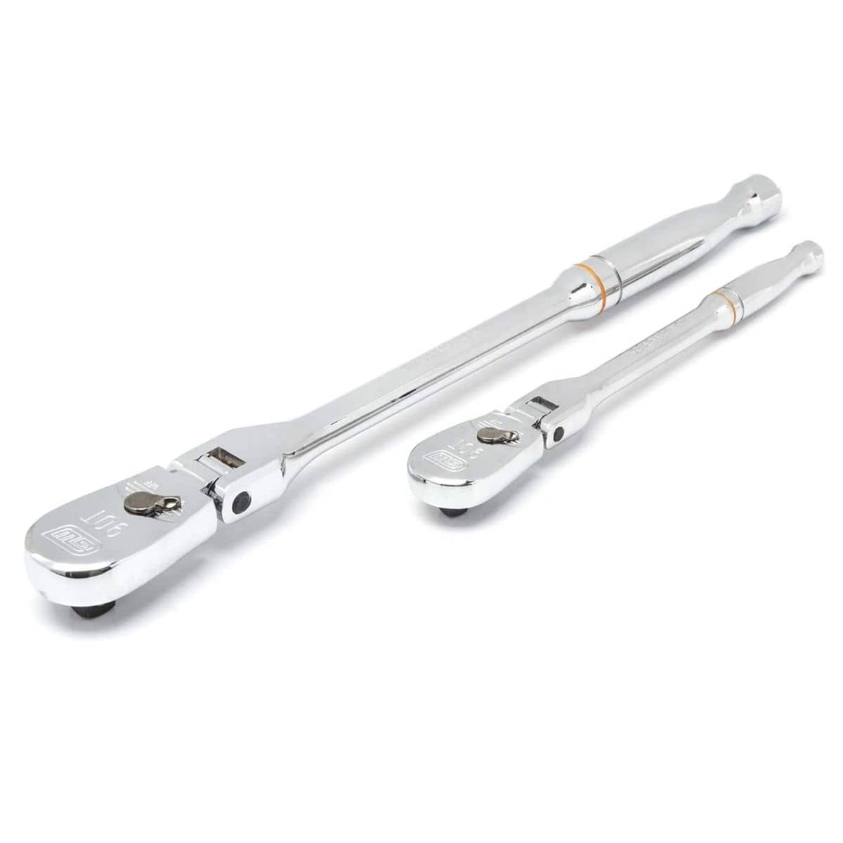 A perspective studio shot of the GEARWRENCH 81216T 2-piece ratchet set featuring 1/4 inch and 3/8 inch drive full polish chrome ratchets with flexible heads and high-strength alloy steel construction.