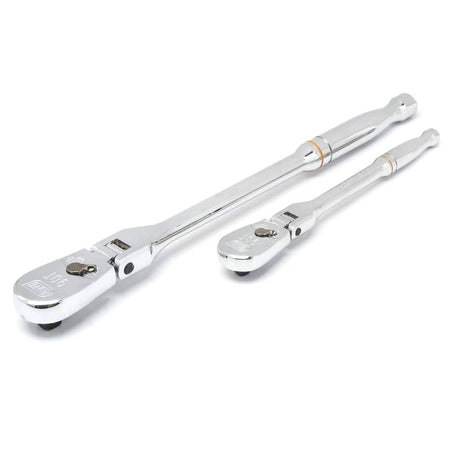 A perspective studio shot of the GEARWRENCH 81216T 2-piece ratchet set featuring 1/4 inch and 3/8 inch drive full polish chrome ratchets with flexible heads and high-strength alloy steel construction.