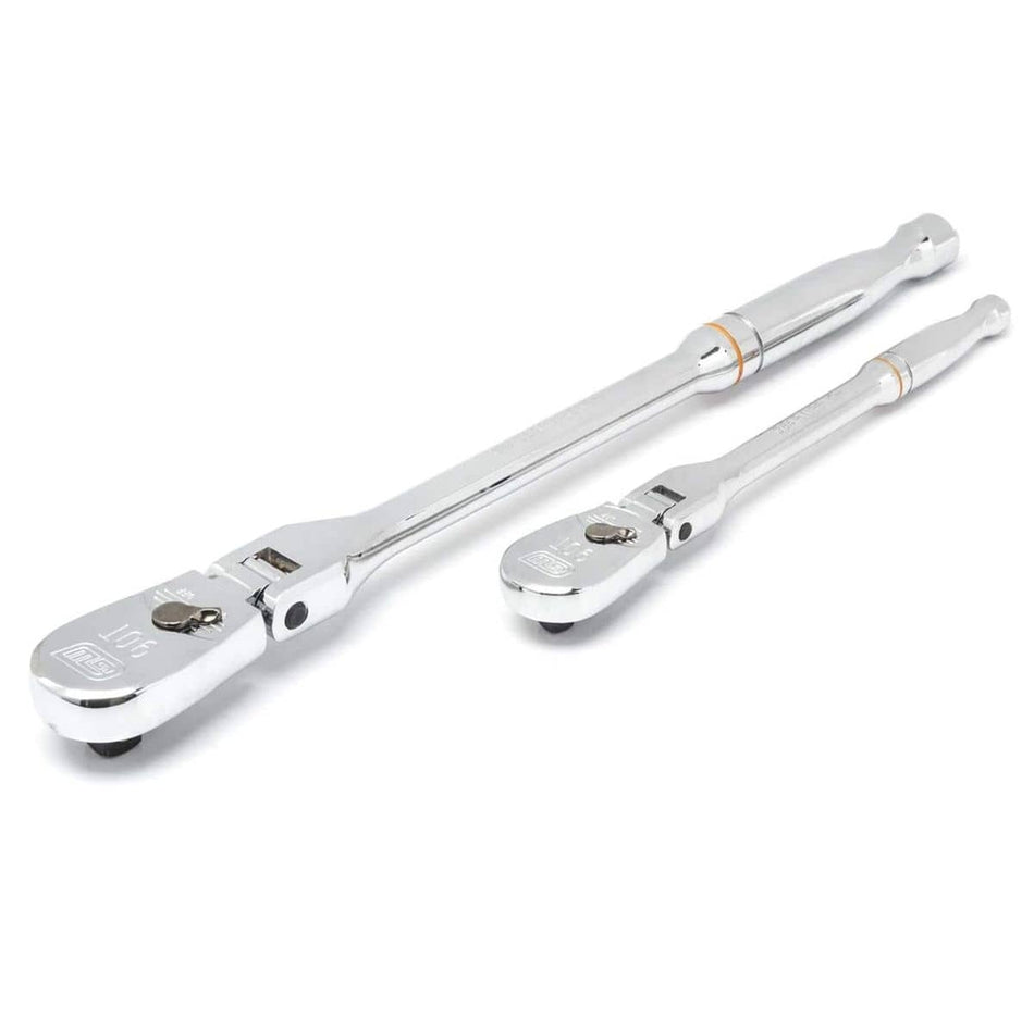 A perspective studio shot of the GEARWRENCH 81216T 2-piece ratchet set featuring 1/4 inch and 3/8 inch drive full polish chrome ratchets with flexible heads and high-strength alloy steel construction.