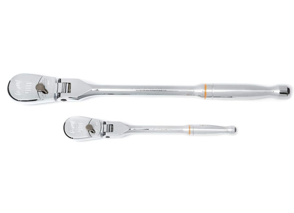 A top-down view of the 1/4 inch and 3/8 inch drive professional flex head ratchets from the GEARWRENCH 81216T set, showcasing the slim teardrop head and polished chrome finish.