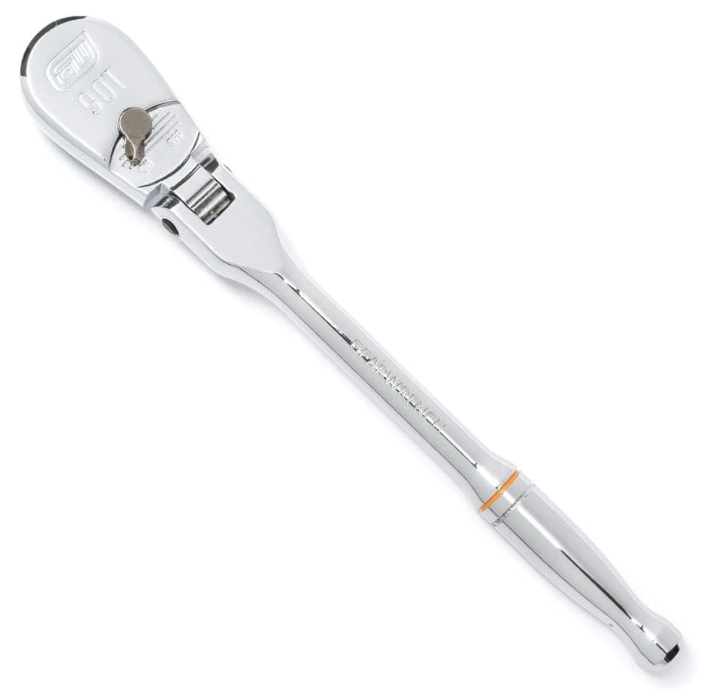 A close-up view of the GEARWRENCH 1/4 inch drive 90-tooth flex head ratchet emphasizing the adjustable pivot joint and the flush-mounted on-off reversing lever for improved access in tight spaces.